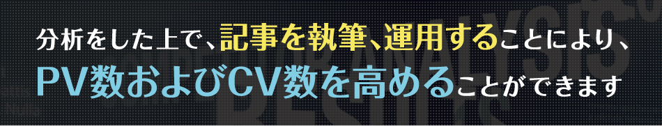 分析をした上で、記事を執筆、運用することにより、PV数およびCV数を高めることができます