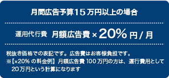 月間広告予算50万円以上の場合 運用代行費月額広告費×20%円/月